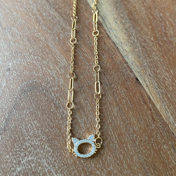 Cat Gold Tone Anklet With Cubic Zirconia 9" - Picture 5 of 6